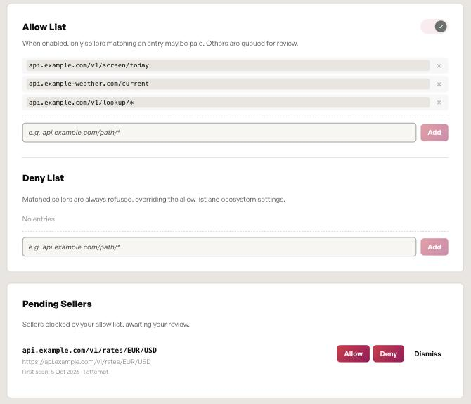 Allow list, deny list and pending sellers