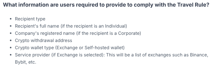 VALR's Travel Rule details