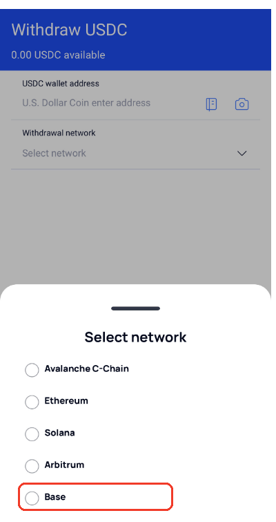 VALR's USDC withdrawal screen with the network list